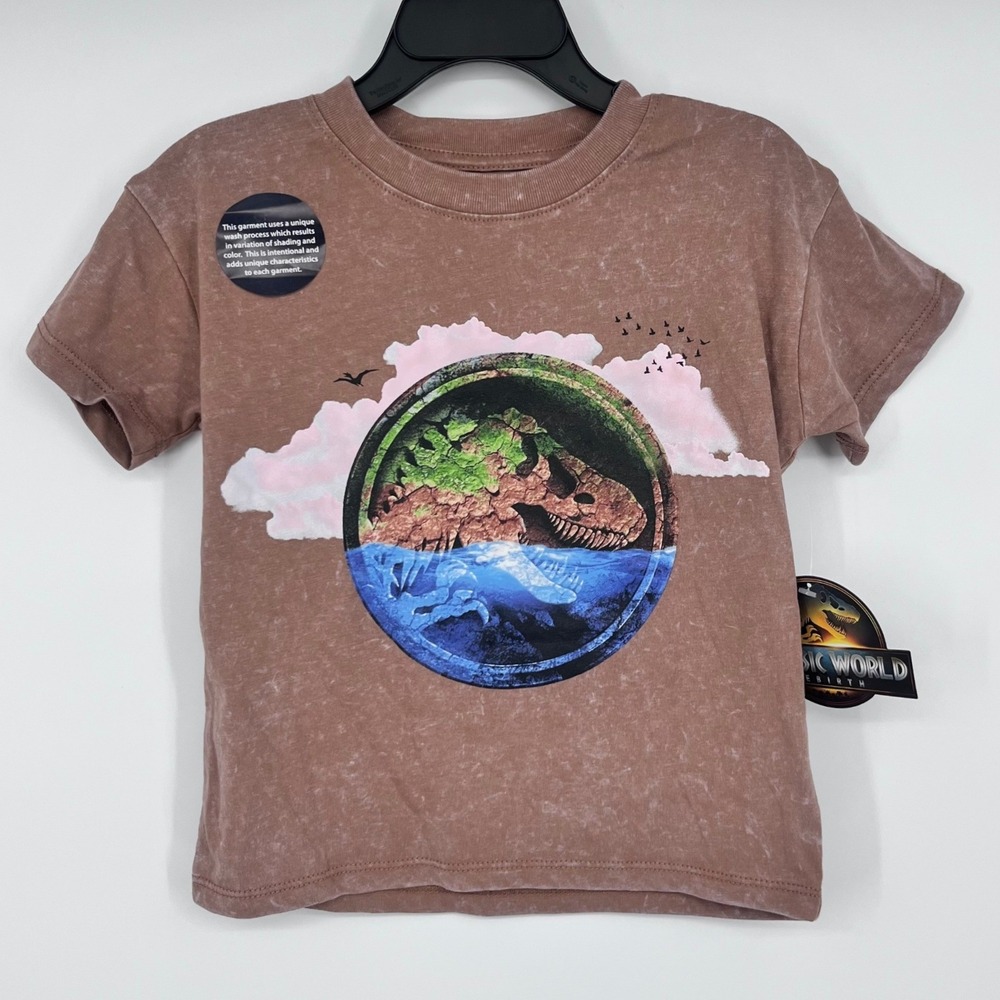 NWT Jurassic World Rebirth T-Shirt Boys 3T Brown Mineral Wash Dinosaur‎ T-Rex